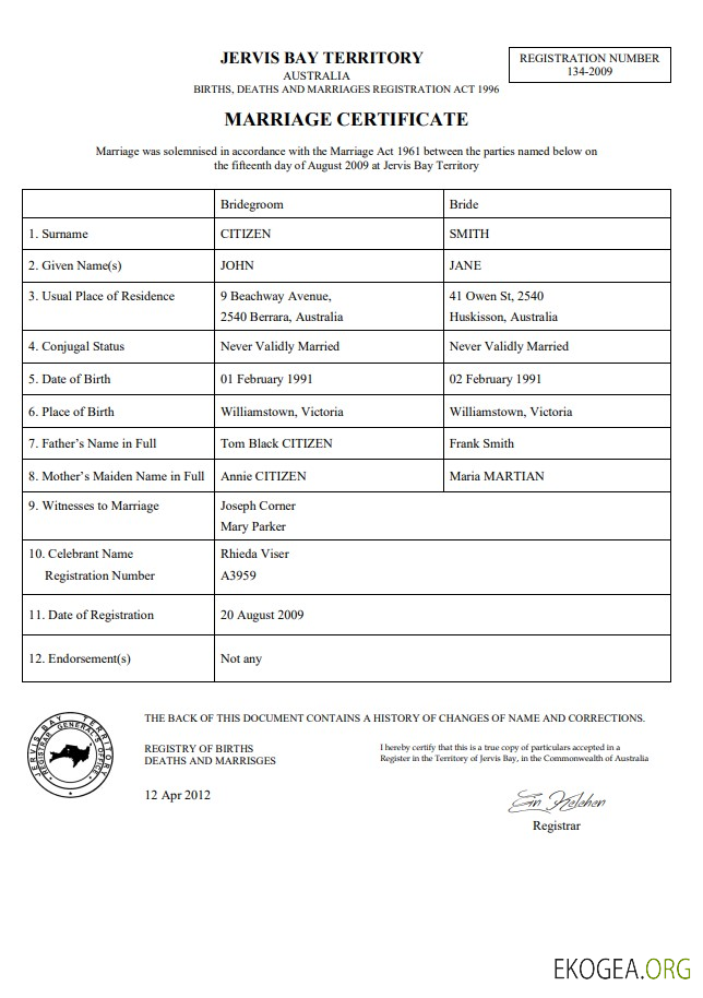 Modèle de certificat de mariage Australie Territoire de Jervis Bay dans Word